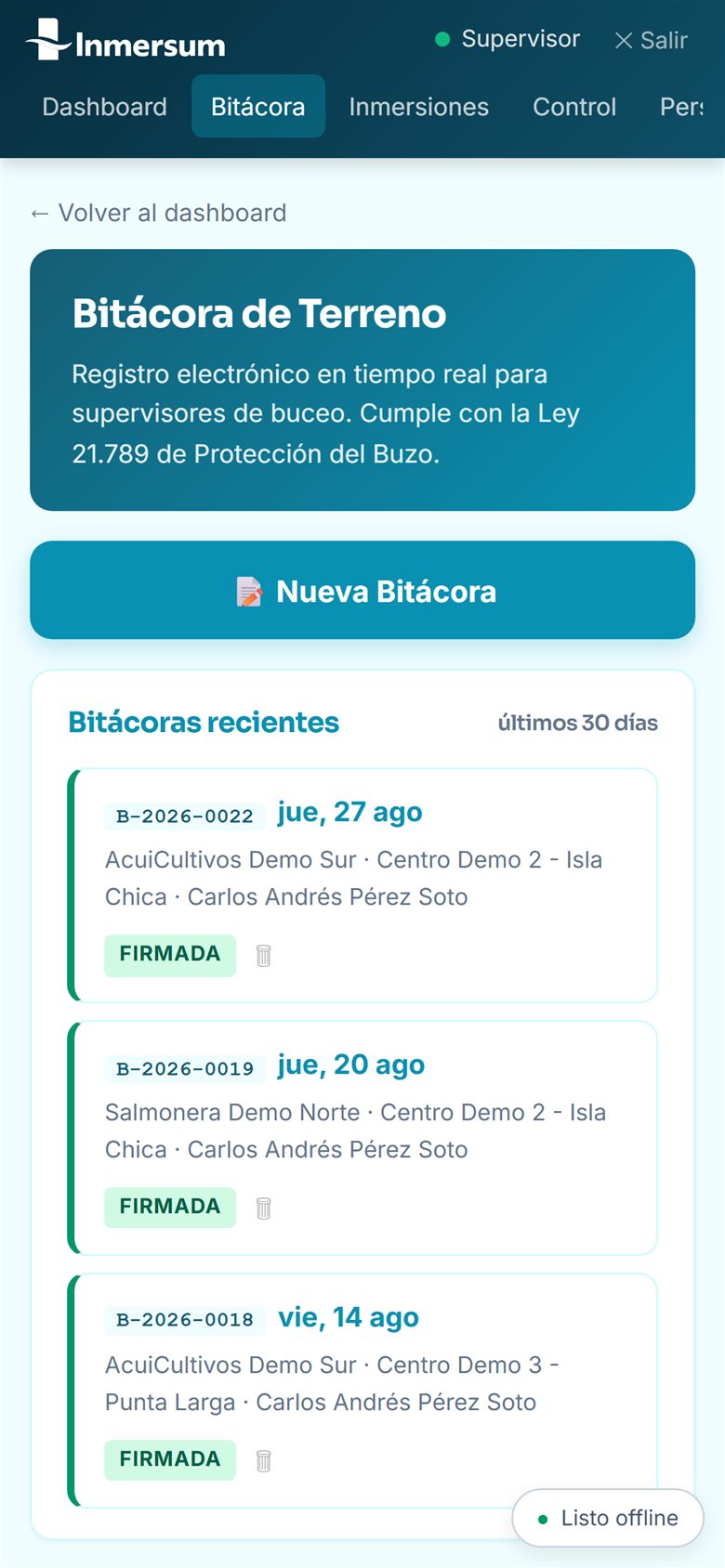Pantalla de bitácoras de buceo en Inmersum, con faenas firmadas y su estado