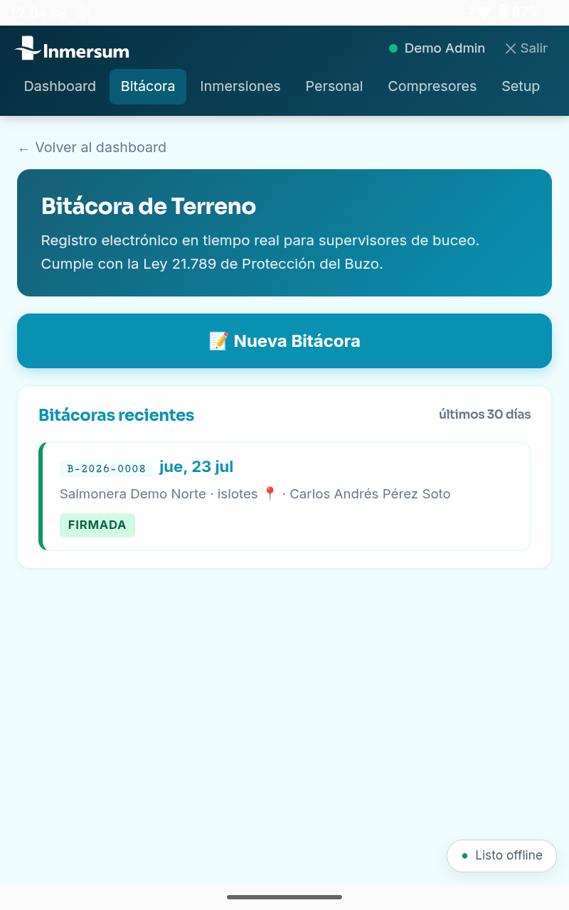 Pantalla de bitácoras de buceo en la app Inmersum, con faenas firmadas y su estado
