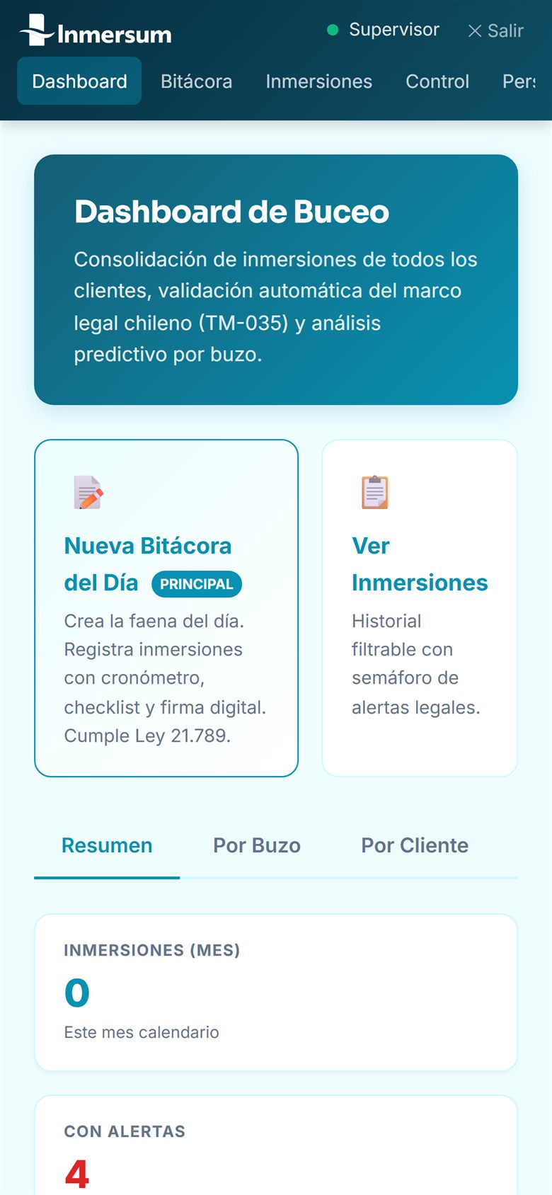 Panel principal de Inmersum Buceo con resumen de inmersiones, alertas y buzos