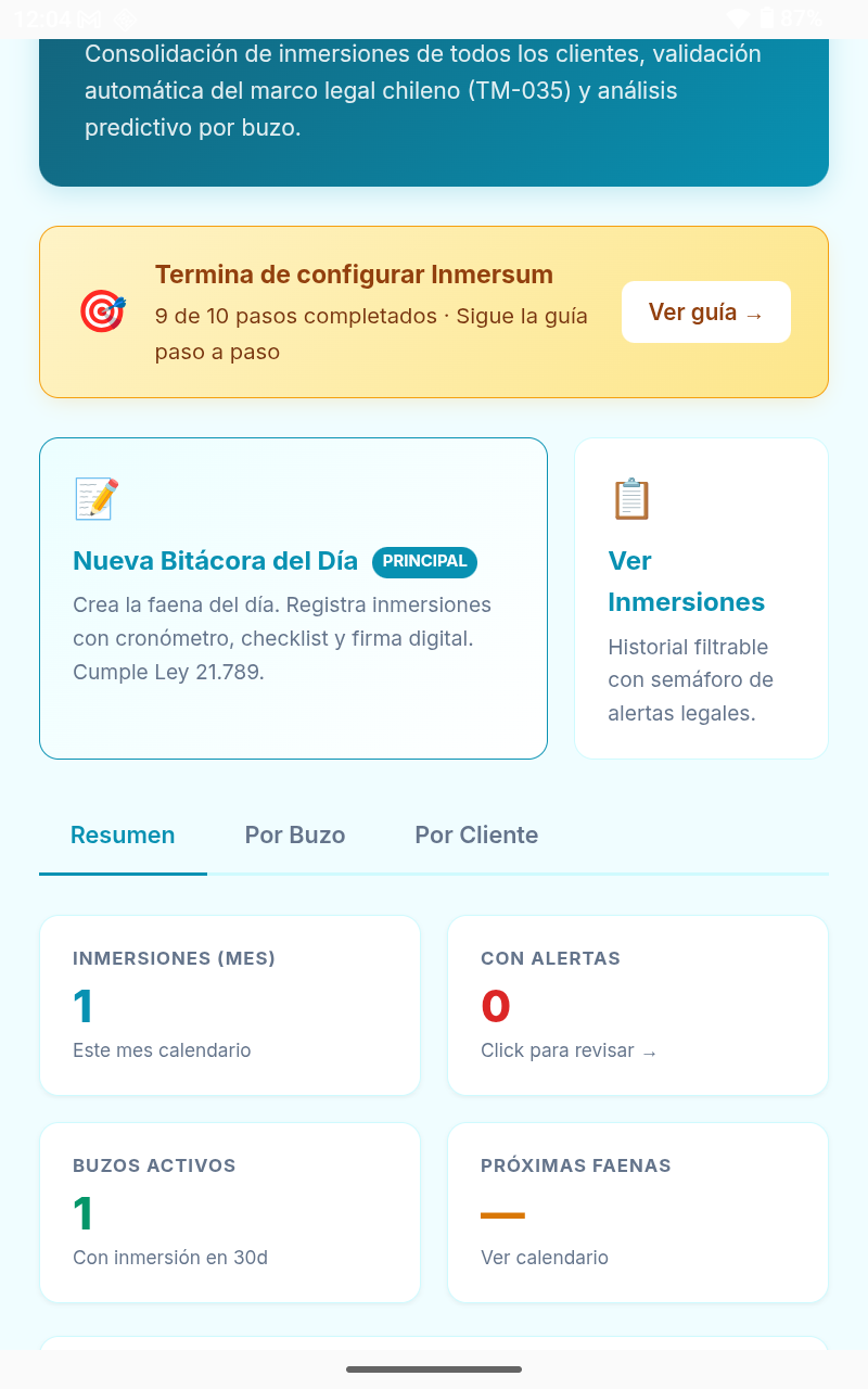 Panel principal de la app Inmersum con resumen de inmersiones, alertas y buzos activos