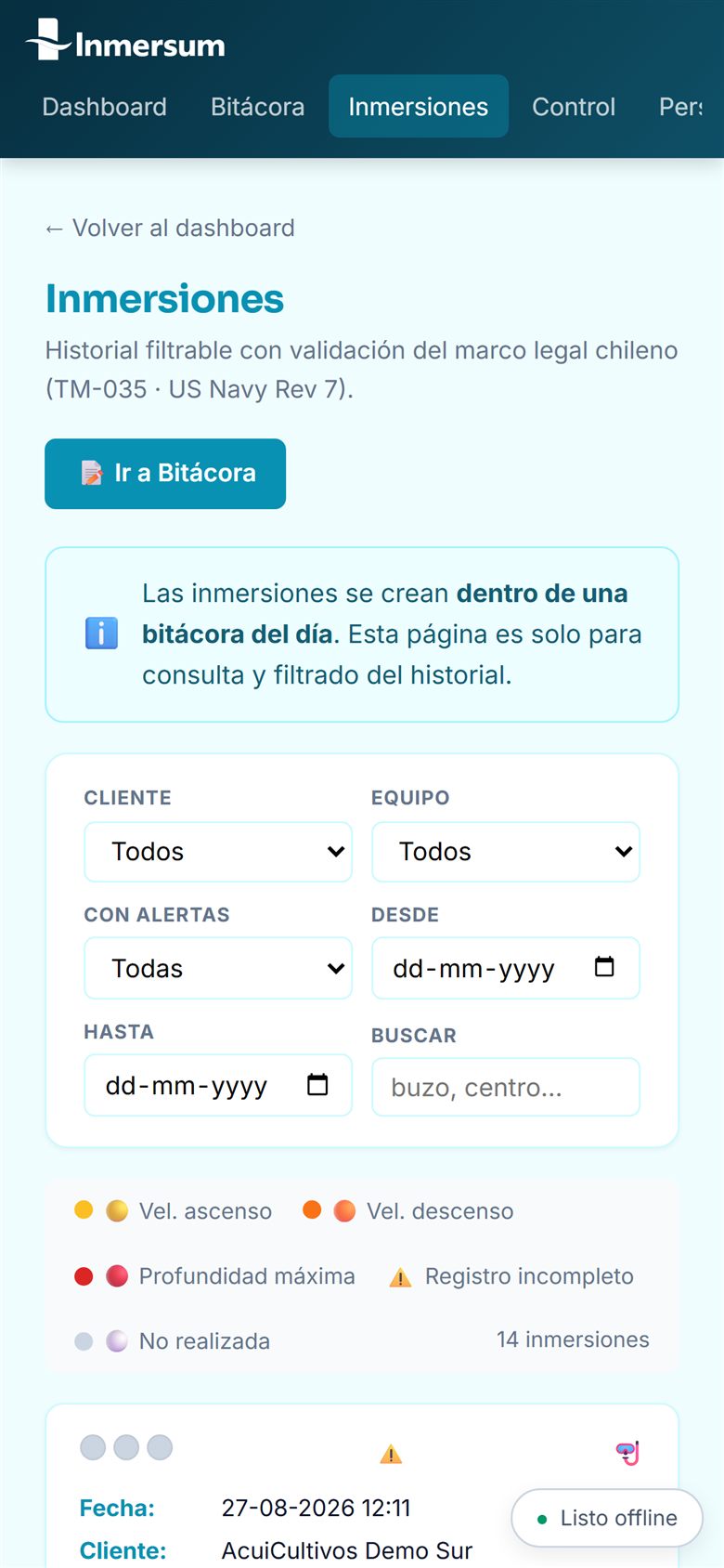 Historial de inmersiones en Inmersum con filtros y semáforo de alertas legales