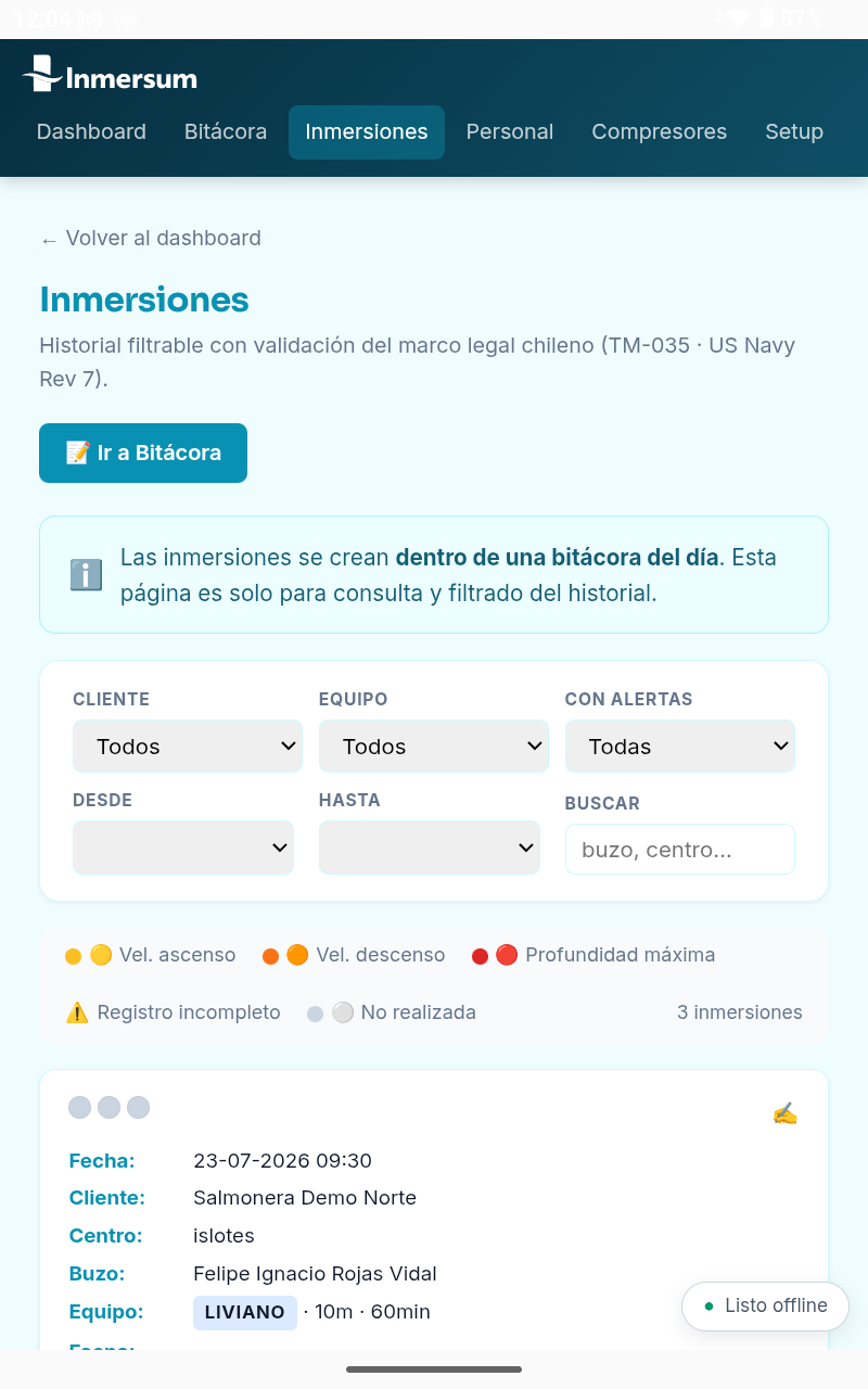 Historial de inmersiones en la app Inmersum con semáforo de alertas legales