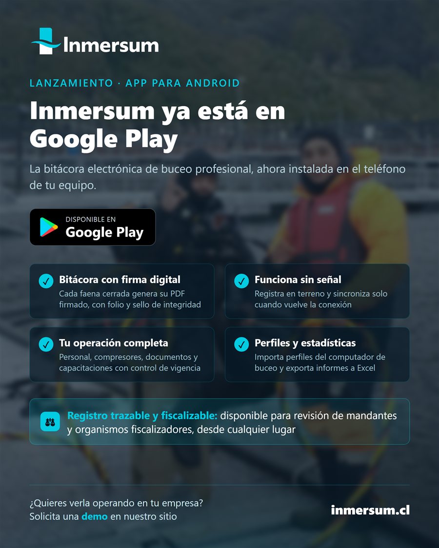 Lanzamiento de Inmersum en Google Play: bitácora con firma digital, funciona sin señal, operación completa y perfiles con estadísticas