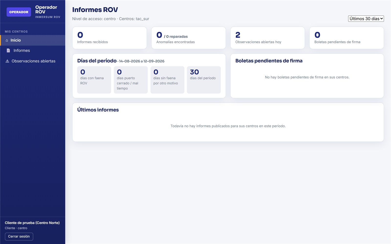 Portal del mandante con resumen del período y boletas pendientes de firma