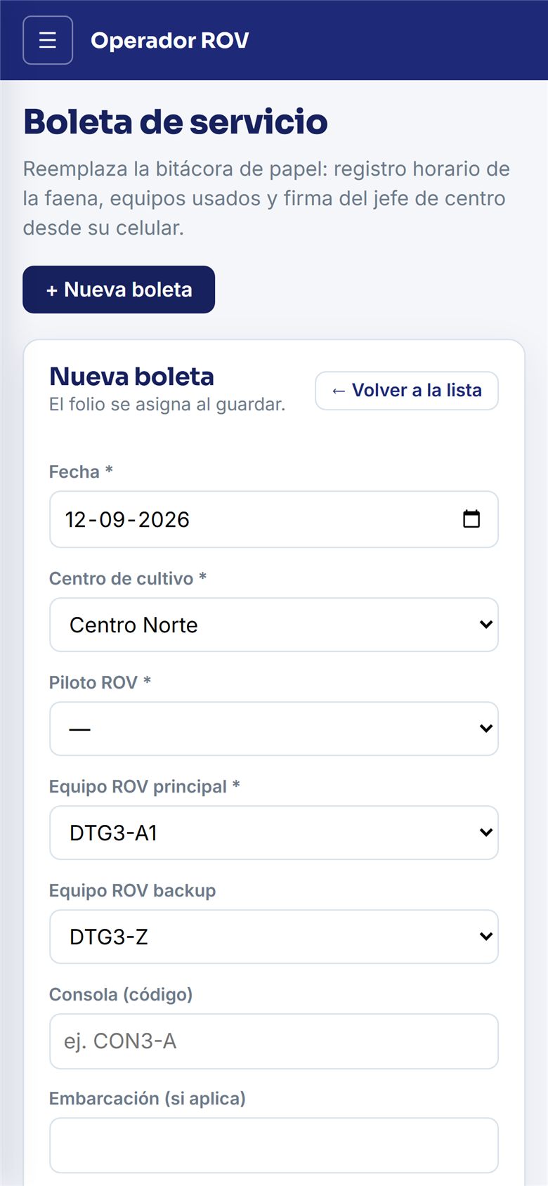 Formulario de boleta de servicio en el celular