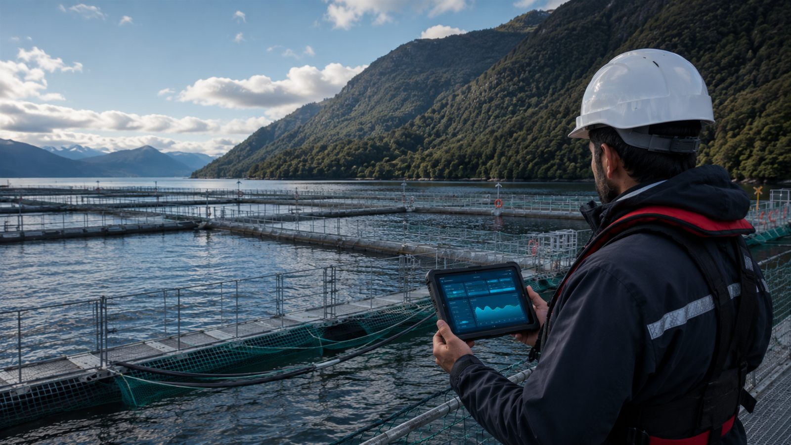 Supervisor de buceo llenando la bitácora del día en Inmersum desde una tablet, en un centro de cultivo del sur de Chile